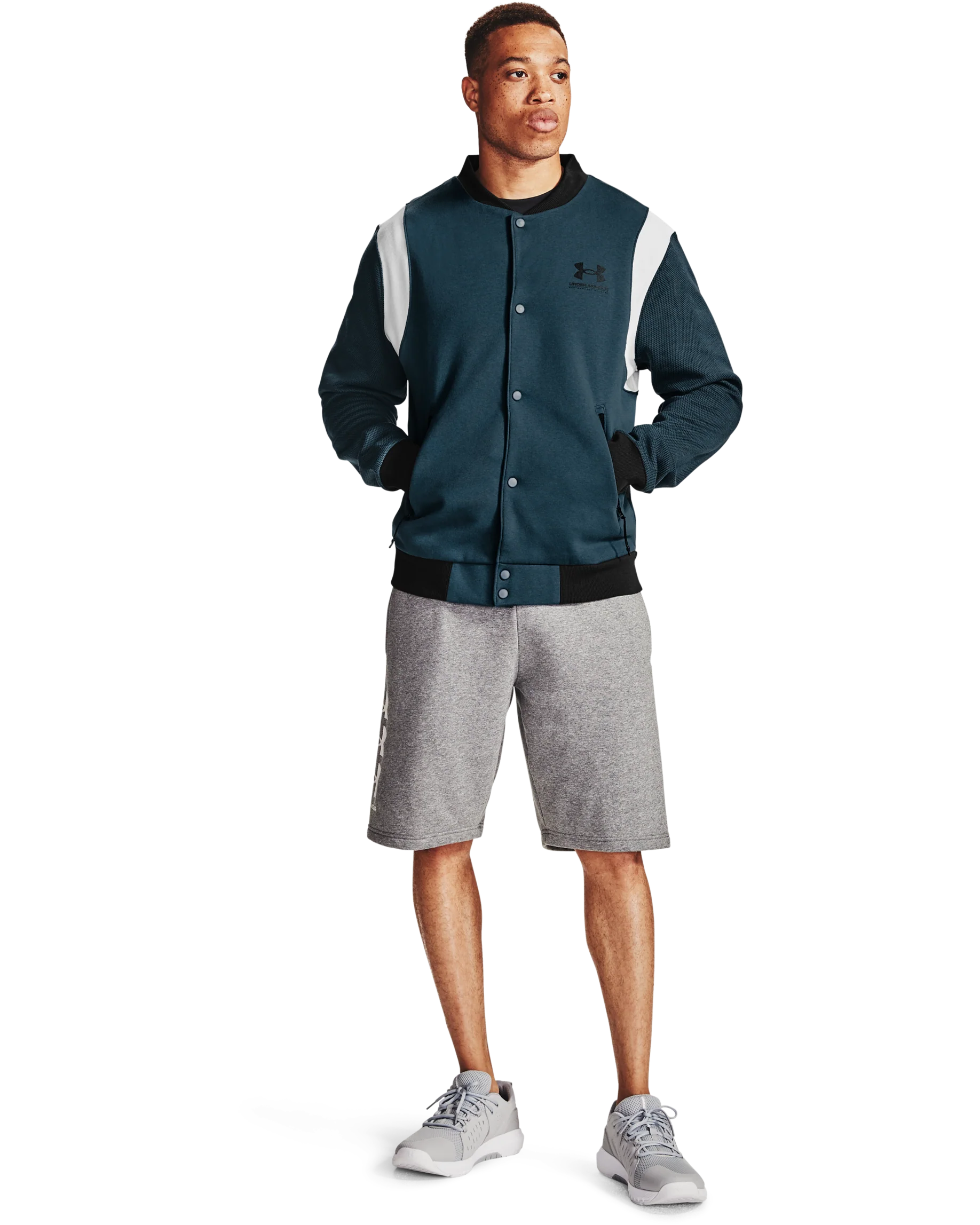 Men's UA Rival Fleece AMP Varsity Bomber Jacket - Image 3
